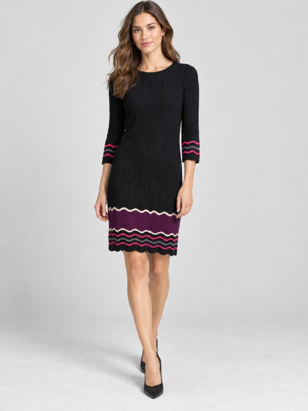 Nine West Black Ribbed Knit Dress XS 3/4 Sleeve